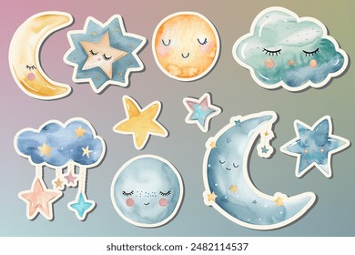 Set of watercolor moon and stars stickers. Delicate, magic childish decoration. Fairy illustration, wall stickers.