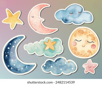 Set of watercolor moon and stars stickers. Delicate, magic childish decoration. Fairy illustration, wall stickers.