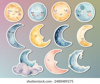 Set of watercolor moon stickers. Delicate, magic childish decoration. Fairy illustration, pastel color. 