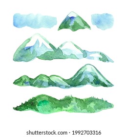 Set of watercolor mountains with clouds. Template for banner, poster, packaging, postcard, print, web design. Hand Drawn vector illustration.