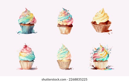 Set of watercolor muffins. Dessert painted in watercolor on a pink background. Vector illustration. Cupcake with cream. Watercolor illustration.