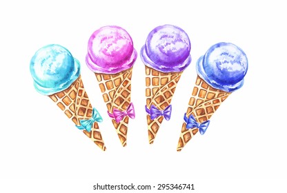 Set of watercolor multicolored ice cream cones, vector Illustration