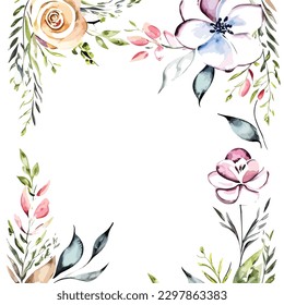 Set of watercolor nature flower frame border with green leaves illustration for wedding invitation