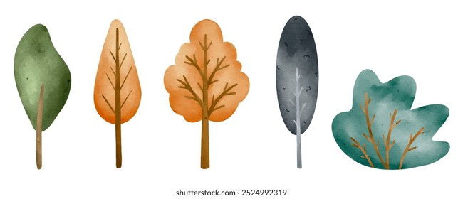 Set of Watercolor Nature Trees Illusutration Clipart