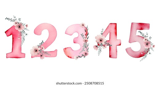 Set of watercolor numbers with delicate flowers. Hand painted pink watercolor numbers 1 2 3 4 5.