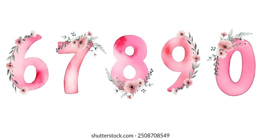 Set of watercolor numbers with delicate flowers. Hand painted pink watercolor numbers. Numbers 6 7 8 9 0.