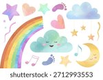 Set of watercolor nursery elements. Rainbow, sleeping clouds and shiny stars. Fantasy pastel color. 