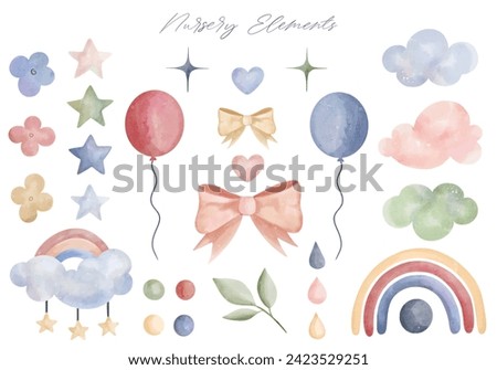 Set of watercolor nursery elements. Rainbow clouds hearts ballons. Fantasy pastel color. Vector illustration