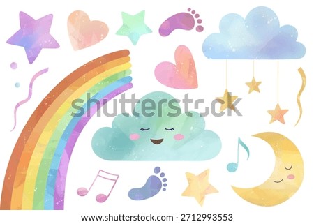 Set of watercolor nursery elements. Rainbow, sleeping clouds and shiny stars. Fantasy pastel color. 