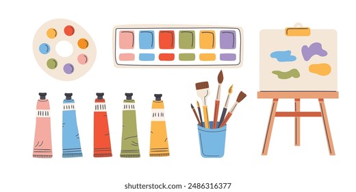 Set of watercolor and oil paints, brushes, palette and easel. Vector illustration