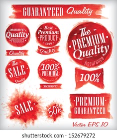 Set of watercolor old premium quality badges collection drawing with red watercolor brush strokes.