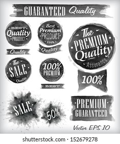 Set of watercolor old premium quality badges collection drawing with black watercolor brush strokes.