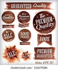 Set of watercolor old premium quality badges collection drawing with brown watercolor brush strokes.