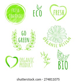 Set of watercolor organic food labels. Eco product badges and elements.Vector illustration for your design. 