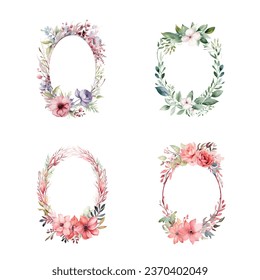 set of watercolor oval flower frame illustrations, template wedding invitation card 