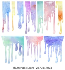 Set of watercolor paint drips flows down isolated from background. Clip arts of Melted dye. Colorful silhouette collection pour liquid dye for banner and badges.