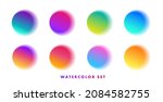 Set of watercolor paint half transparent brush samples of color circles of all color gradients, isolated