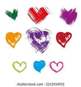 Set of watercolor paint strokes in the shape of a heart. Collection of colorful watercolor brushes. Colored splashes. Hand drawn hearts.