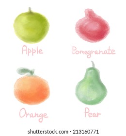Set of watercolor paint vector isolated fruits on white background. Apple, orange, pomegranate, pear
