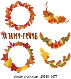 Set of watercolor painted Autumn Leaf Frame, Leaves clipart. Hand drawn isolated on white background