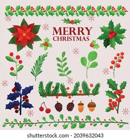 Set of watercolor painted Christmas winter plants, flowers and leaf clipart. Hand drawn isolated on white background