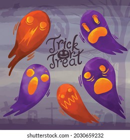 Set of watercolor painted Halloween day, Trick or treat clipart. Hand drawn isolated on white background
