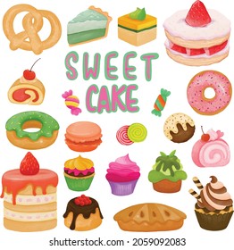 Set of watercolor painted Sweet Dessert, Cake clipart. Hand drawn isolated on white background