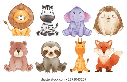 Set of watercolor painting cartoon character wildlife animals . Sitting posture . Vector .