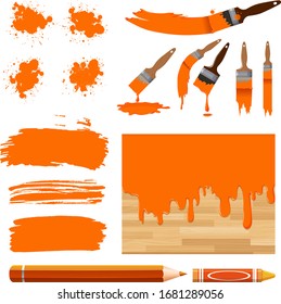 Set mit Aquarellmalerei auf Orange und Ausstattung zur Illustration