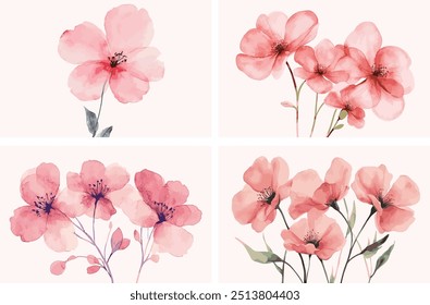 A Set of watercolor painting of pink flowers with leaves, pastel background.