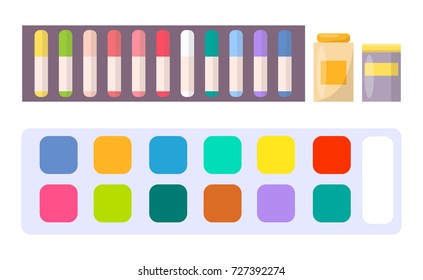 Set of watercolor paints, acrylic oils in tubes, colorful ?rayons vector illustration isolated on white background. Art school stationary equipment