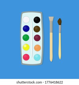 Set of watercolor paints and brushes for painting and creative work. design elements of the school, vector illustration