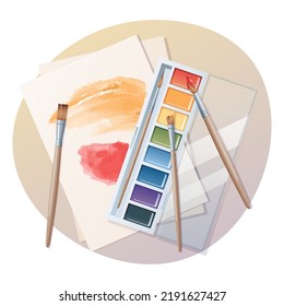 Set of watercolor paints, brushes and paper. Creative illustration, art themes, hobbies and painting with paints.