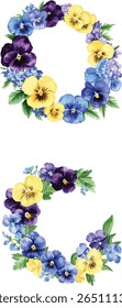 set of Watercolor Pansy Wreath - Blue, Yellow, Purple Flowers vector illustration
