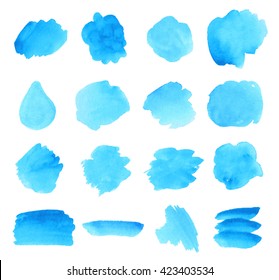 Set watercolor paper texture blue isolated drop stains on white background. Vector abstract brush paint colorful shape elements for design, template, web, label, tag. Aquarelle scribble stripe dabs