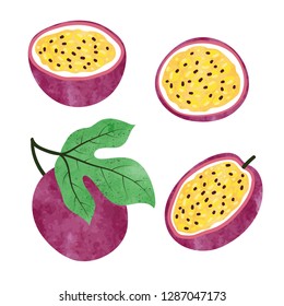 Set of watercolor passion fruit isolated on white. Vector illustration.