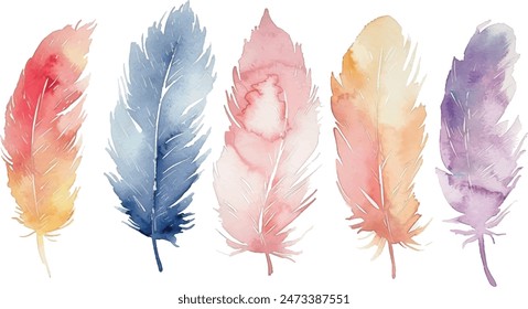 Set of watercolor pastel colors feathers isolated on white