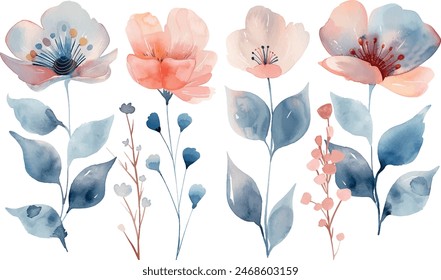 Set of watercolor pastel pink flowers, isolated for design clipart