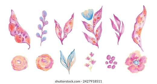 Set of watercolor pink and blue flowers, leaves with leopard spots. Collection botanical elements on white background. Blossom stickers for Wedding Invitation. Tulips, roses, leaves, leopard pattern