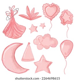 Set of watercolor pink cute baby decoration. Watercolor Illustration set of star moon sky and baby shower element. pink element