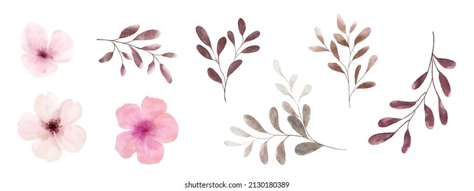Set of watercolor pink flowers and brown leaves elements. Collection botanical vector isolated on white background suitable for Wedding Invitation, save the date, thank you, or greeting card. - Shutterstock ID 2130180389