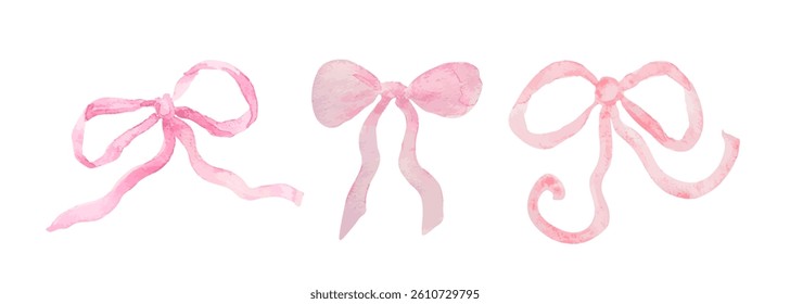 Set of watercolor pink ribbon bow. Hand drawn illustration
