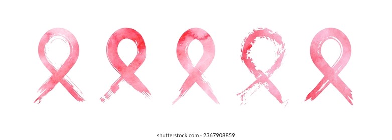 Set of watercolor pink ribbons. Breast cancer month awareness. Vector illustration