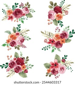 Set of Watercolor pink rose flower bouquet for background, wedding, fabric, textile, greeting, card, wallpaper, banner, sticker, decoration etc.