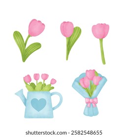 Set of Watercolor Pink Tulip Illustration for sping card , greeting card