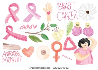 Set of watercolor popular breast cancer awareness element decoration design. donation, cancer, woman, pink, sign, fight, hand, heart, lover, ribbon