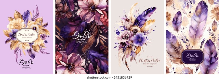 Set of watercolor postcards in the boho style. Leaves, feathers and flowers. Design for prints, notebooks, posters, postcards or advertisements
