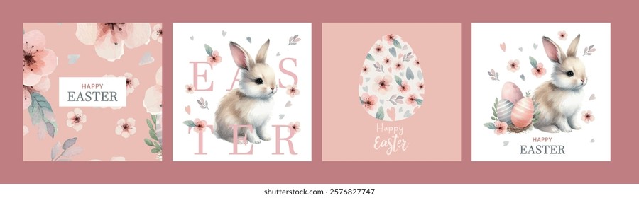 Set of watercolor postcards with cute Easter bunny, egg and spring flowers in pastel colors in light peach, soft pink, gray on white background. Isolated Easter watercolor decor elements