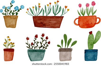 Set of Watercolor Potted Plant. Houseplant. Flower Illustration