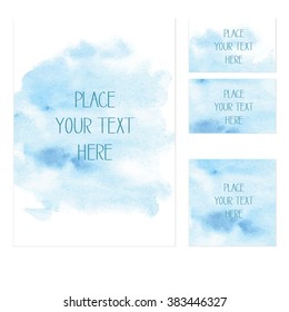 A set of watercolor print templates with a customizable text field for your own text, suitable for business cards, invitations, prints, greeting cards. Vector illustration. Hand drawn.